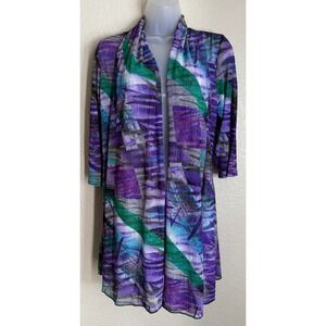 Creation Womens S Purple Abstract Print Open Front Cardigan 3/4 Sleeve Artsy